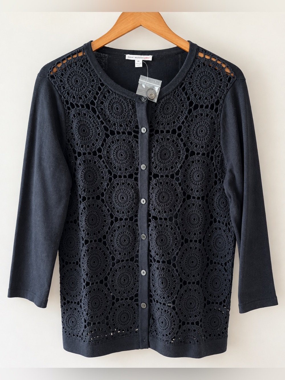 Black Crochet Medallion Cardigan – Chic Layering Sweater Novelty NWT M #699